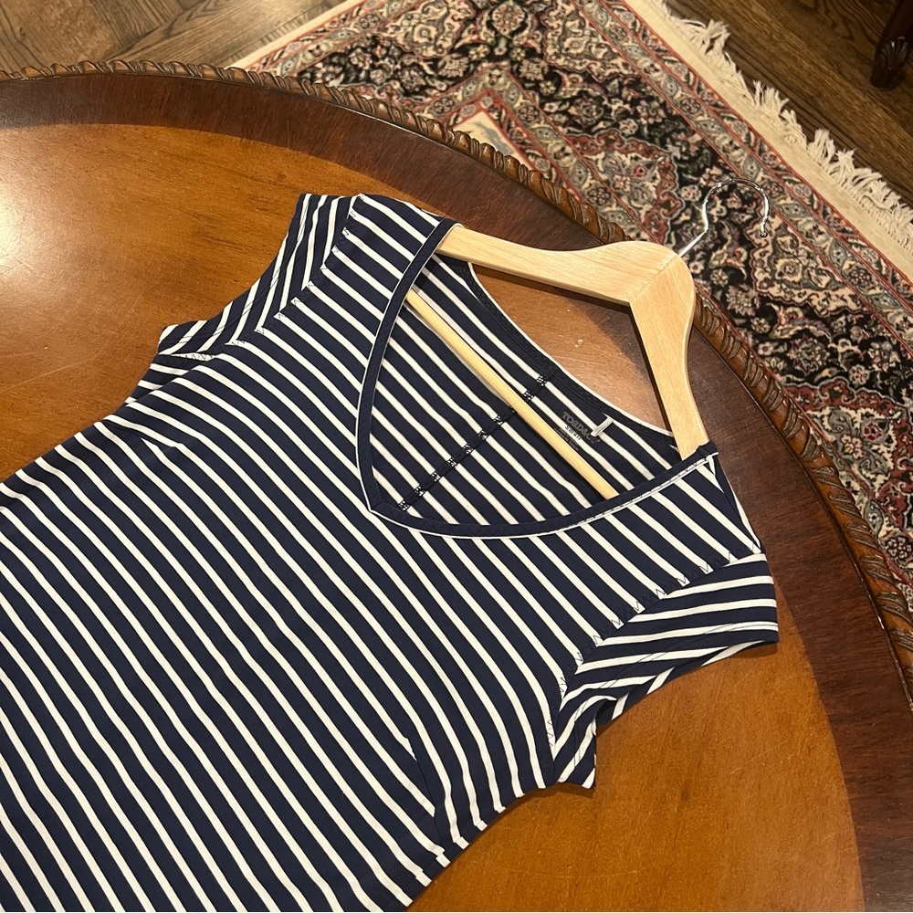 Toad & Co Muse Dress Nautical Navy Stripe Small Midi Short-Sleeve V-Neck Organic - Picture 4 of 16